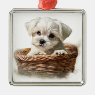 ADORABLE TINY WHITE MALTESE PUPPY DOG METAL ORNAMENT