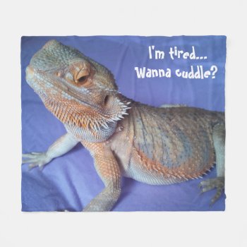 Adorable Tired Bearded Dragon Picture Blue Fleece Blanket by HappyGabby at Zazzle