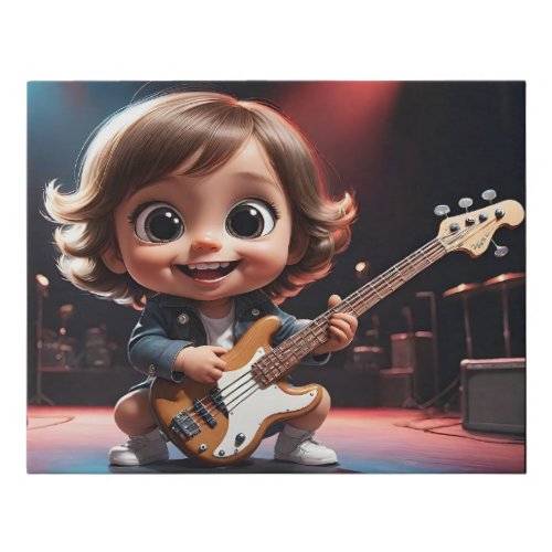 Adorable Toddler Playing Bass Guitar Live Stage  Faux Canvas Print