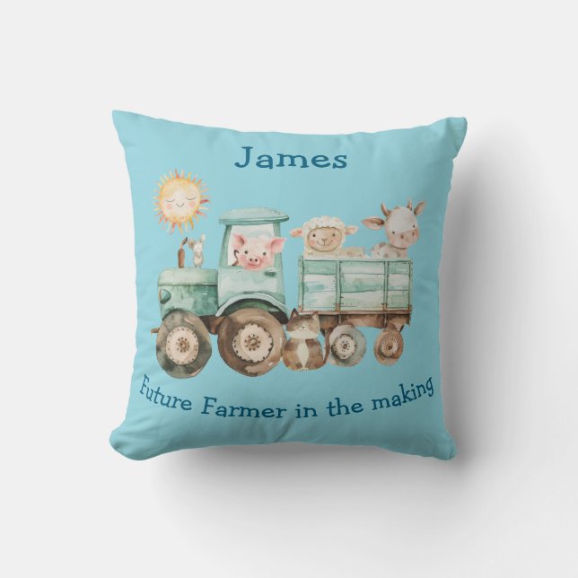 Adorable tractor with farm animal's  throw pillow (Front)
