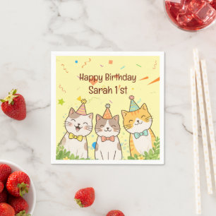 Adorable Trio of Birthday Cats   Custom Name & Age Napkins