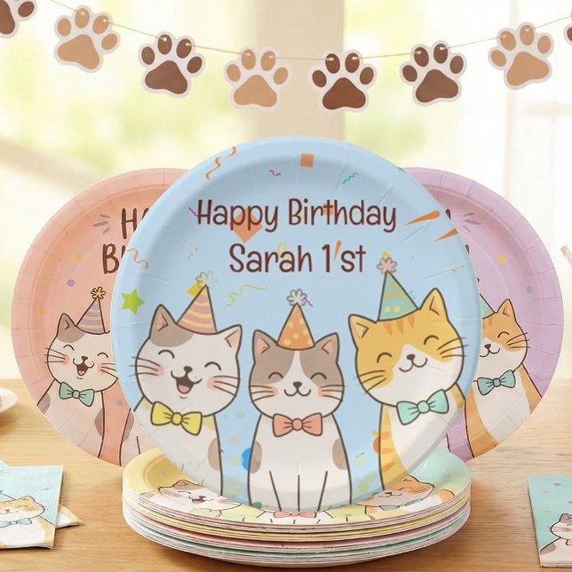 Adorable Trio of Birthday Cats | Custom Name & Age Paper Plates (Creator Uploaded)