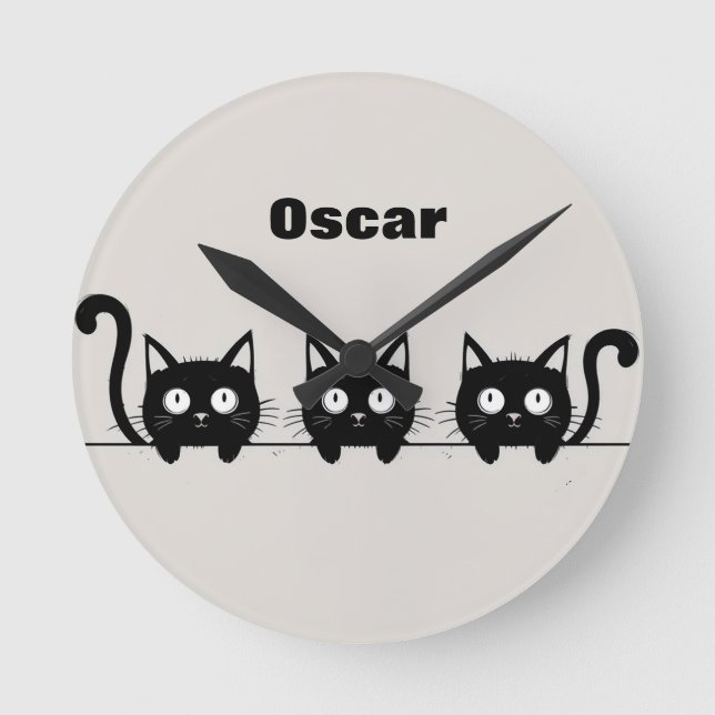 Adorable Trio of Black Cats Round Clock (Front)