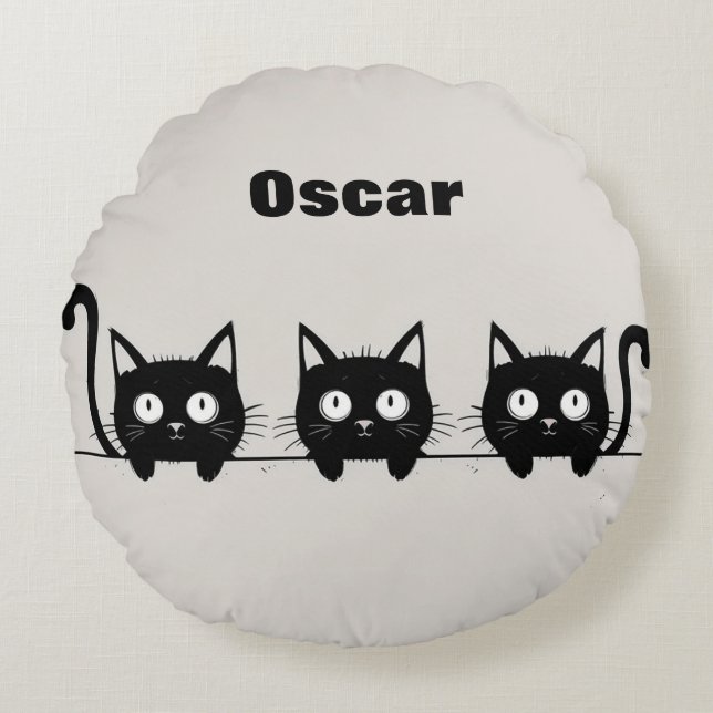Adorable Trio of Black Cats Round Pillow (Front)