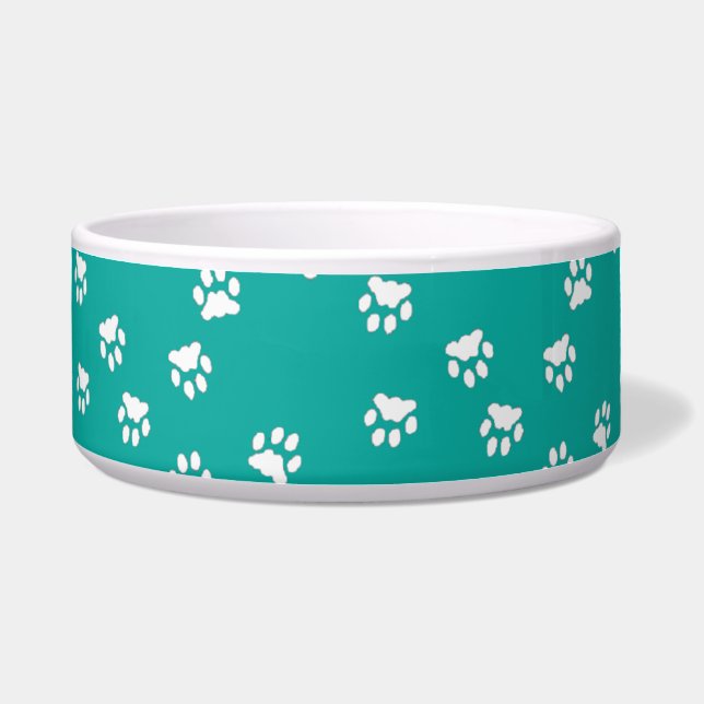 Adorable Turquoise White Paw Print Large Dog Bowl (Front)