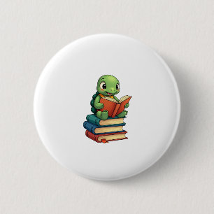 Adorable Turtle Reading Books (3) Button