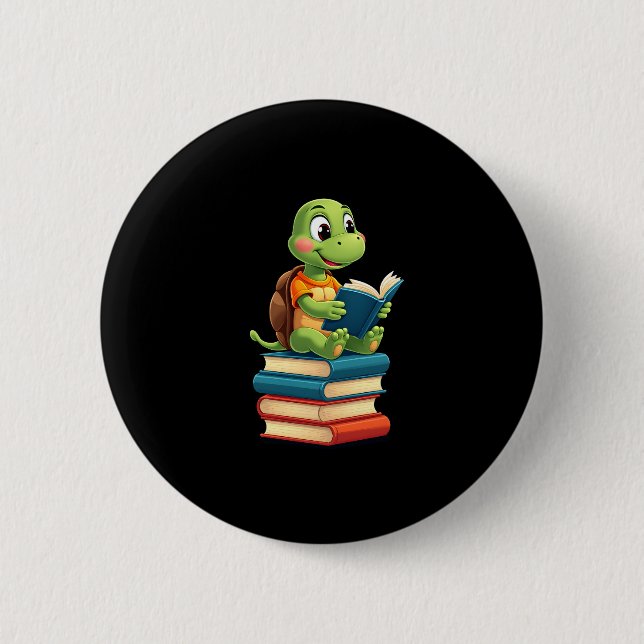 Adorable Turtle Reading Books (4) Button (Front)