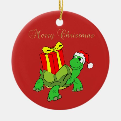 Adorable Turtle Santa HatPresent Merry Christmas Ceramic Ornament