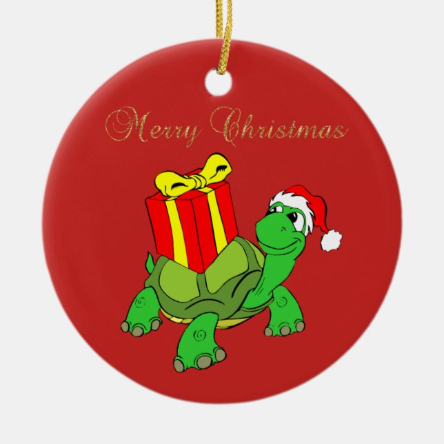 Adorable Turtle Santa Hat,Present Merry Christmas, Ceramic Ornament (Front)