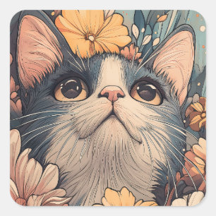 Adorable Tuxedo Cat and Flowers Square Sticker