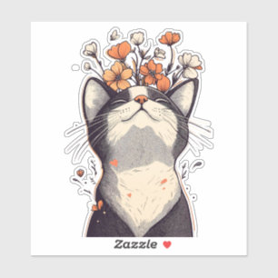 Adorable Tuxedo Cat and Flowers Sticker