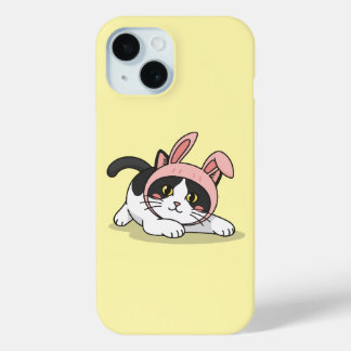 Adorable Tuxedo Cat in Pink Bunny Hat Aesth iPhone 15 Case