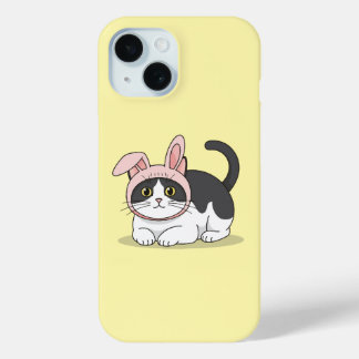 Adorable Tuxedo Cat in Pink Bunny Hat Aesthetic iPhone 15 Case