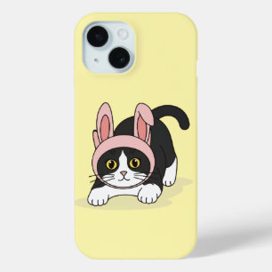 Adorable Tuxedo Cat in Pink Bunny Hat Aesthetic iPhone 15 Case