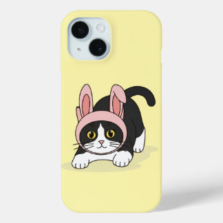 Adorable Tuxedo Cat in Pink Bunny Hat Aesthetic iPhone 15 Case