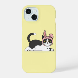 Adorable Tuxedo Cat in Pink Bunny Hat Aesthetic iPhone 15 Case