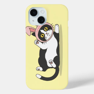 Adorable Tuxedo Cat in Pink Bunny Hat iPhone 15 Case