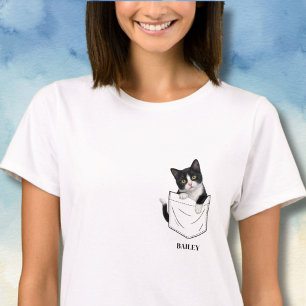 Adorable Tuxedo Cat in Pocket Personalized Name T-Shirt
