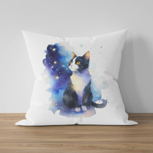 Adorable Tuxedo Cat Watercolor Illustration Throw Pillow