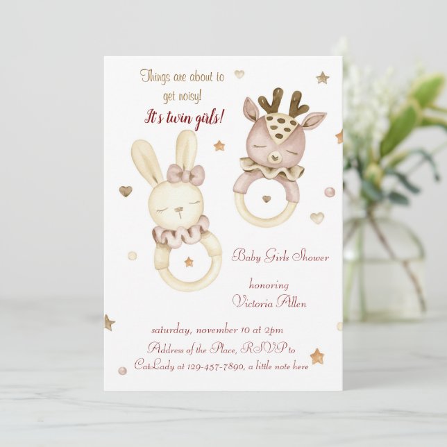 Adorable Twin Girls Baby Shower Invitation (Standing Front)