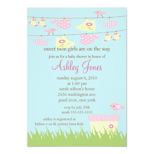 Adorable Twin Girls Clothesline Baby Shower Card