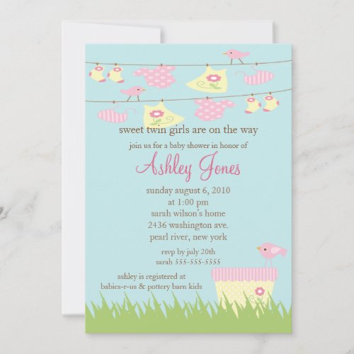 Adorable Twin Girls Clothesline Baby Shower Personalized Announcement