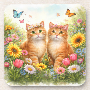 Adorable Twin Orange Tabby Cats with Flower Crowns Beverage Coaster