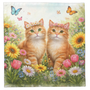 Adorable Twin Orange Tabby Cats with Flower Crowns Cloth Napkin