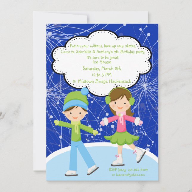 Adorable Twins Ice Skating Birthday Invitation (Front)