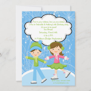 Adorable Twins Ice Skating Birthday Invitation