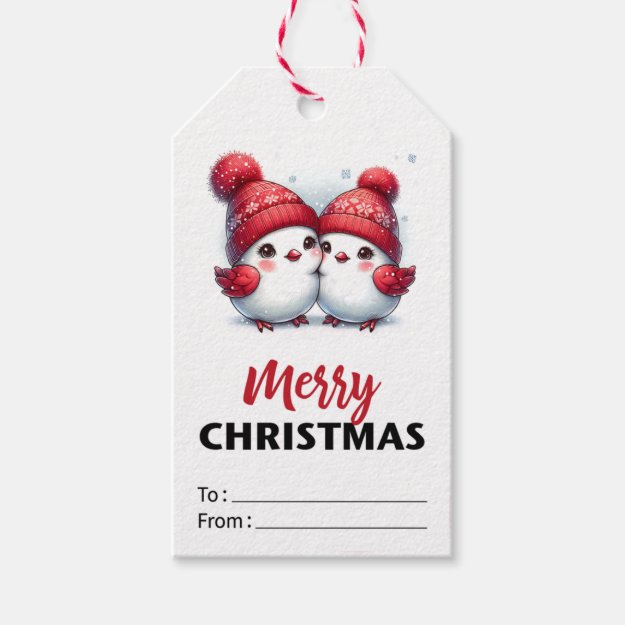 Adorable Two Birds in Red Beanie Merry Christmas