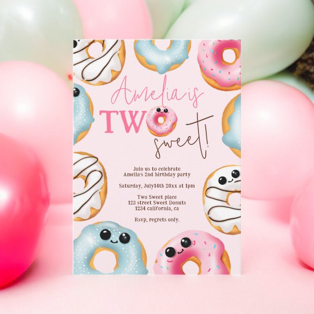 Adorable Two sweet cute donuts 2nd birthday  Invitation (Adorable Two sweet cute donuts 2nd birthday Invitation on pink)