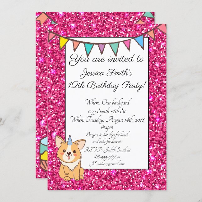 Adorable Unicorgi Glitter Birthday Invitation (Front/Back)
