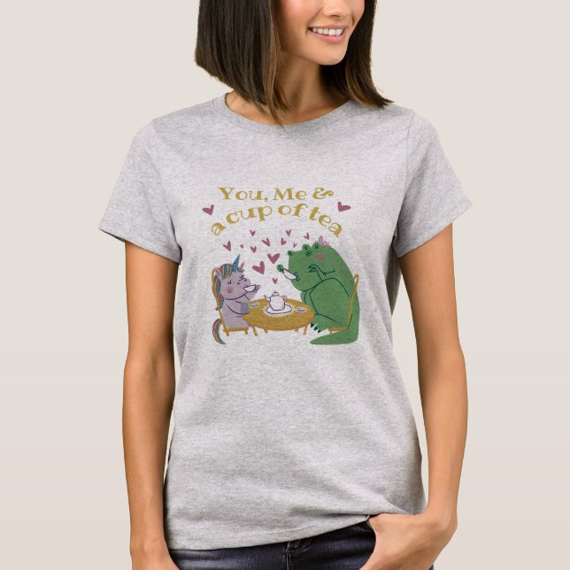 Adorable Unicorn and Dino Drinking Tea T-Shirt (Front)