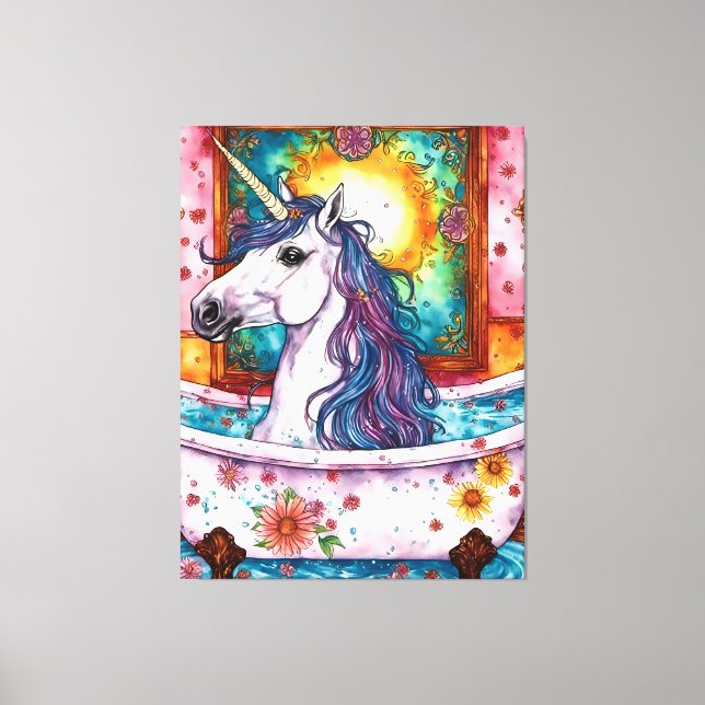 Adorable Unicorn Blue and Purple Mane in the Bath  Canvas Print (Front)