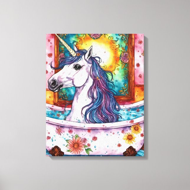 Adorable Unicorn Blue and Purple Mane in the Bath  Canvas Print (Front)