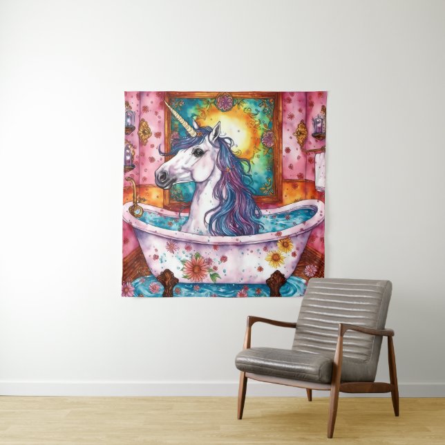 Adorable Unicorn Blue and Purple Mane in the Bath  Tapestry (In Situ)