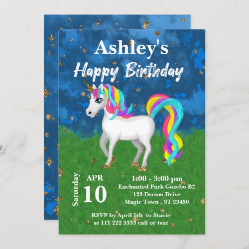 Adorable Unicorn Bold Bright Colors Happy Birthday Invitation