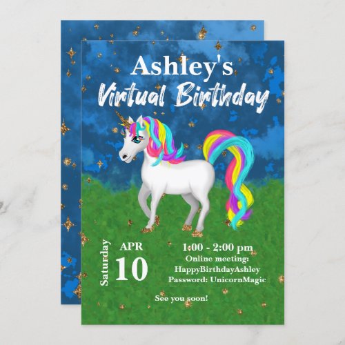 Adorable Unicorn Bright Colors Virtual Birthday Invitation
