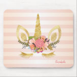 Adorable Unicorn Face, Stripes -Personalized Mouse Pad<br><div class="desc">Adorable unicorn face  on pink striped  background.Select the costume button to change the font style, colour and size.Unique gift for the trendanista and fashion lover.</div>