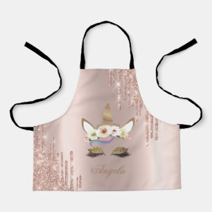 Adorable Unicorn Floral Rose Gold Glitter Drips Apron
