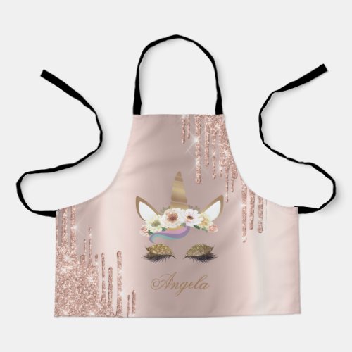 Adorable Unicorn Floral Rose Gold Glitter Drips Apron