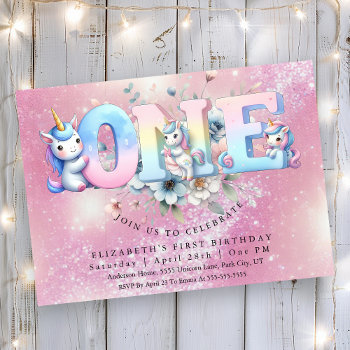 Adorable Unicorn Girl's 1st Birthday Invitation by GiftShopOnline at Zazzle
