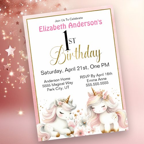 Adorable Unicorn Girls 1st Birthday Invitation