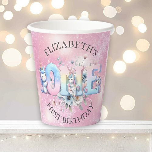 Adorable Unicorn Girls 1st Birthday Paper Cups