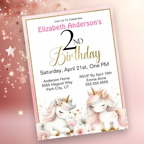 Adorable Unicorn Girls 2nd Birthday Invitation