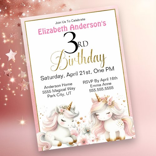 Adorable Unicorn Girls 3rd Birthday Invitation