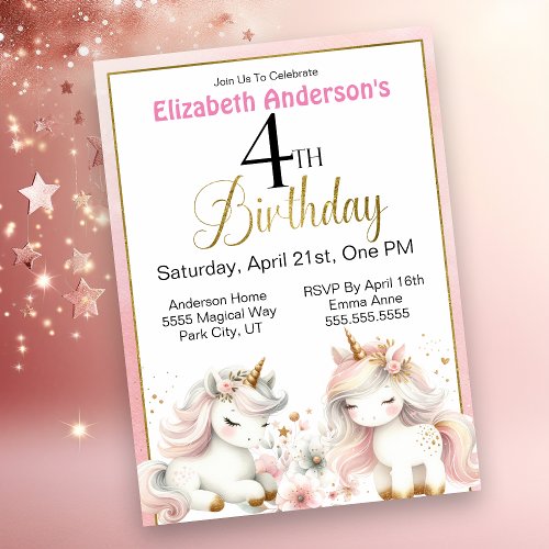 Adorable Unicorn Girls 4th Birthday Invitation
