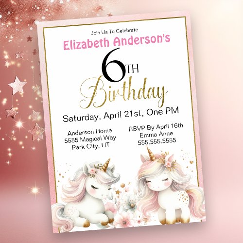 Adorable Unicorn Girls 6th Birthday Invitation