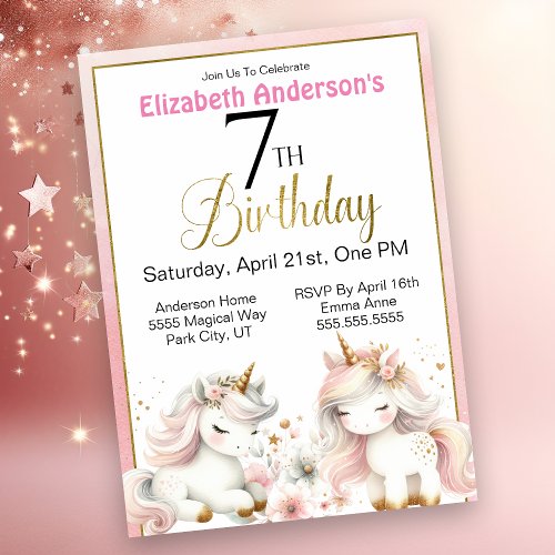 Adorable Unicorn Girls 7th Birthday Invitation